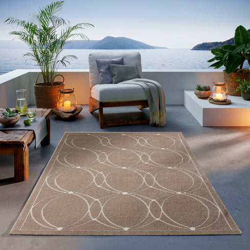 Outdoor Teppich Wetterfest Waschbar im modernen Florentiner Design | Für Drinnen und Draußen | Terrasse Balkon Garten Wohnzimmer Badezimmer Küche | Beige Kreise